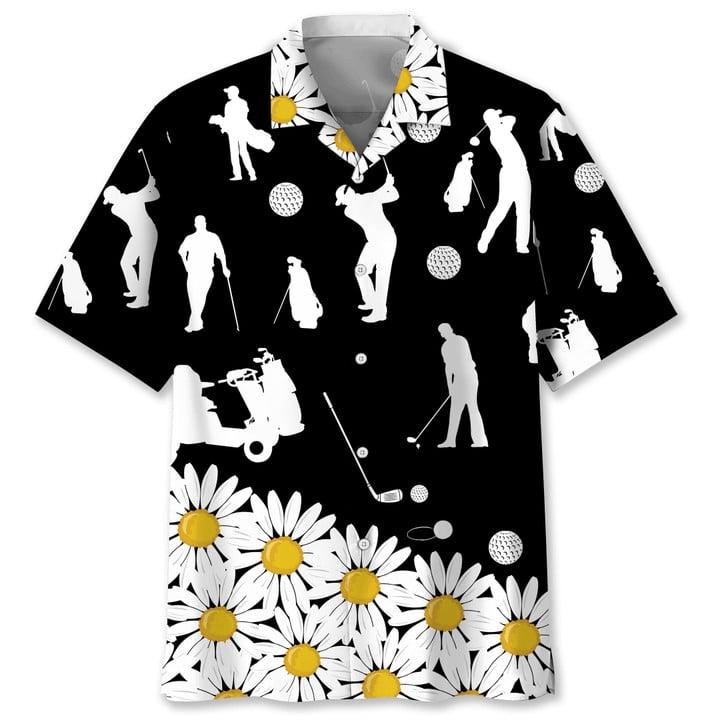 Golf Hawaii Shirt Golf Equipments Silhouette Daisy Flower Hawaiian Shirt Black White Unisex