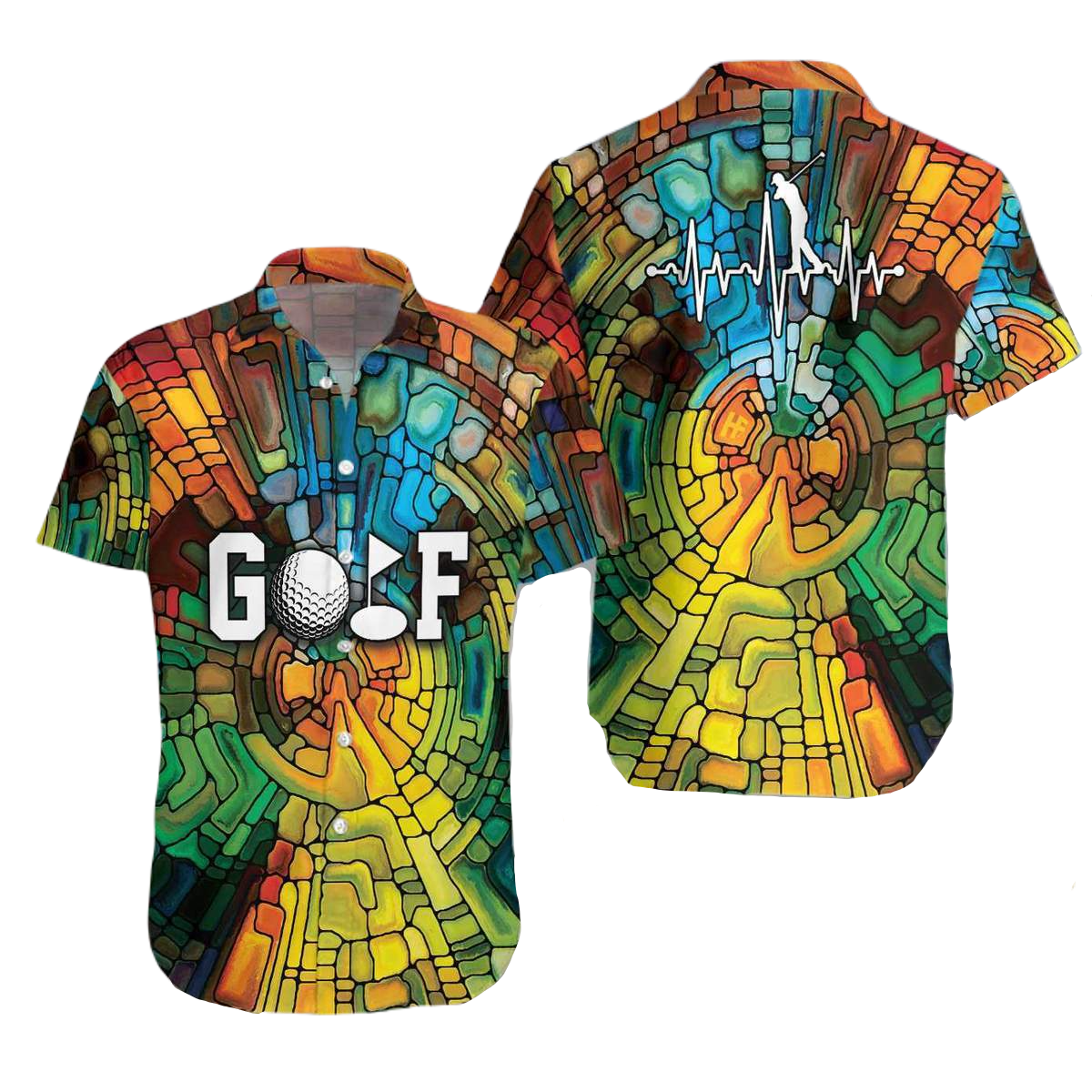 Golf Hawaii Shirt Golf Stained Glass Heart Beat Hawaiian Shirt Colorful Unisex