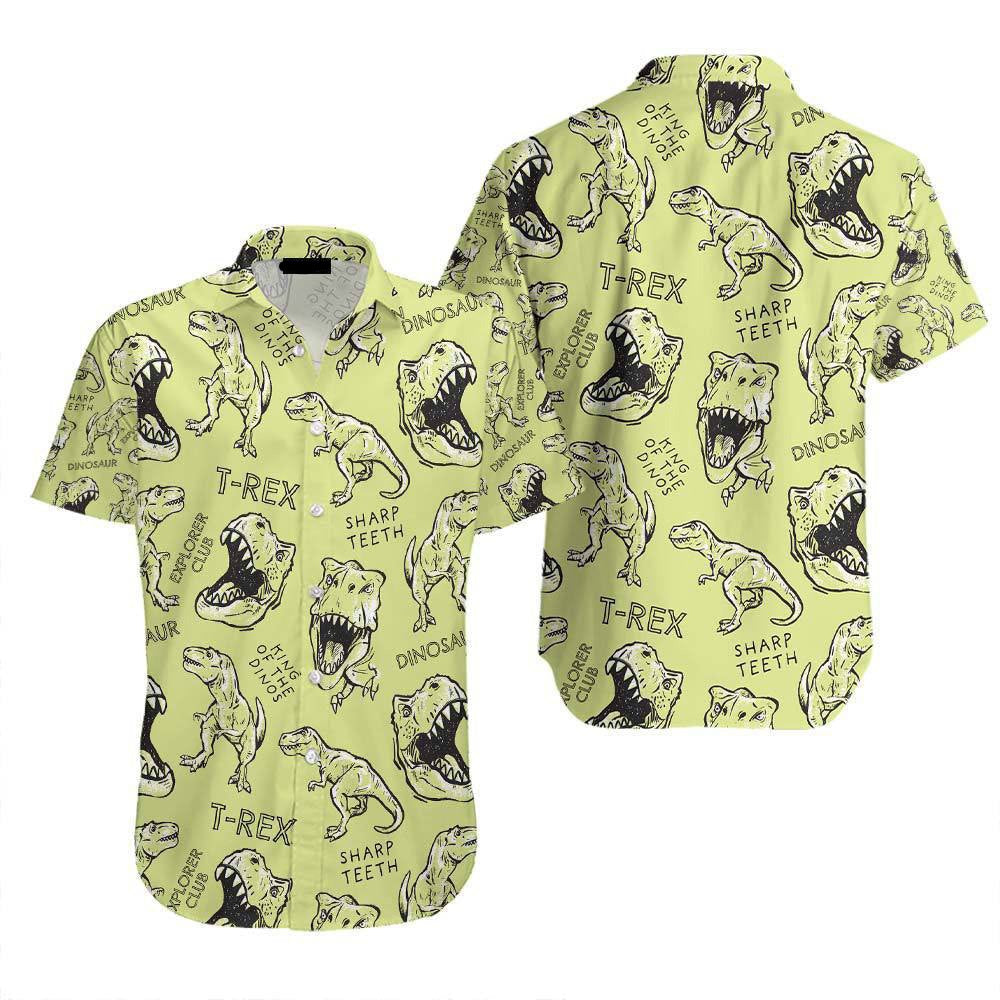 Dinosaur Hawaii Shirt T-Rex Dinosaur Sharp Teeth Pattern Hawaiian Shirt Green Unisex