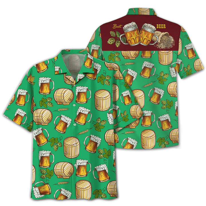 Beer Hawaii Shirt Beer Wooden Barrel Mug Pattern Hawaiian Shirt Green Unisex