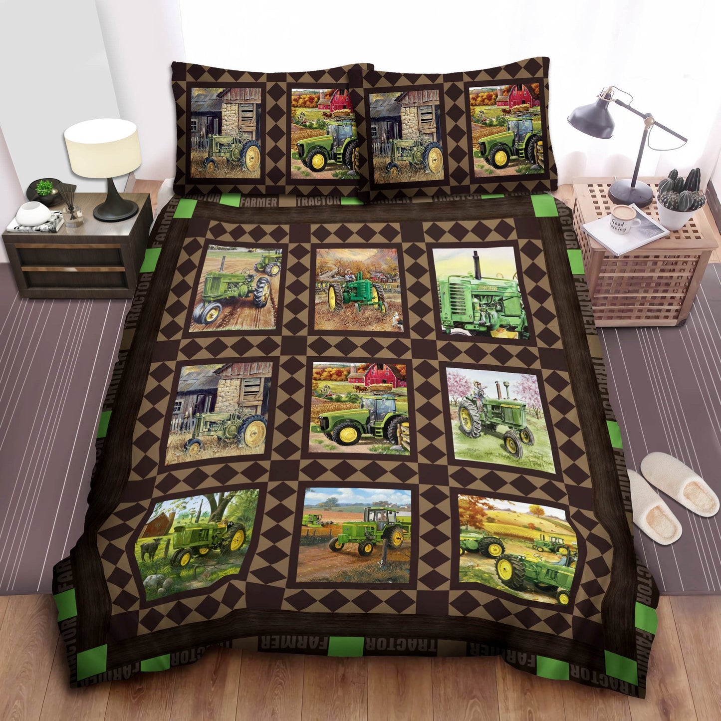 Farmer Bedding Set Farming Tractors Graphic Pattern Duvet Covers Brown Unique Gift