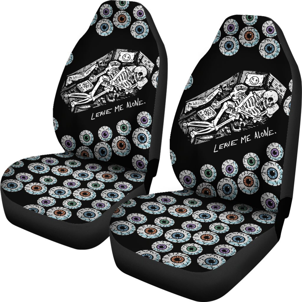 Halloween Car Seat Covers Skeleton In Coffin Leave Me Alone Seat Covers Black White