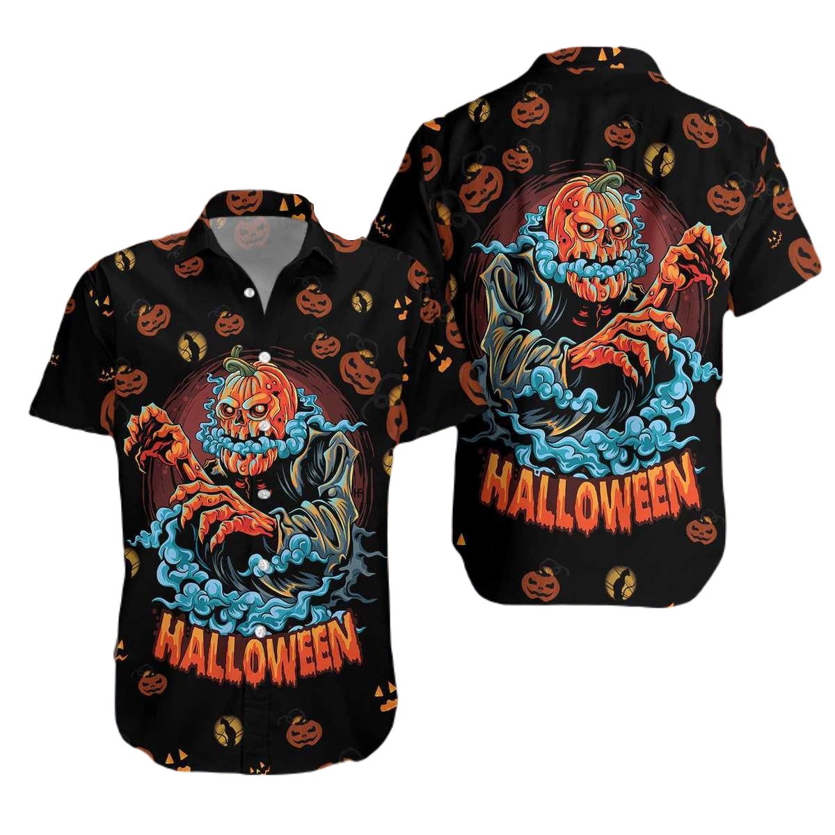 Halloween Hawaii Shirt Scary Pumpkin Monster Halloween Hawaiian Shirt Black Orange Unisex