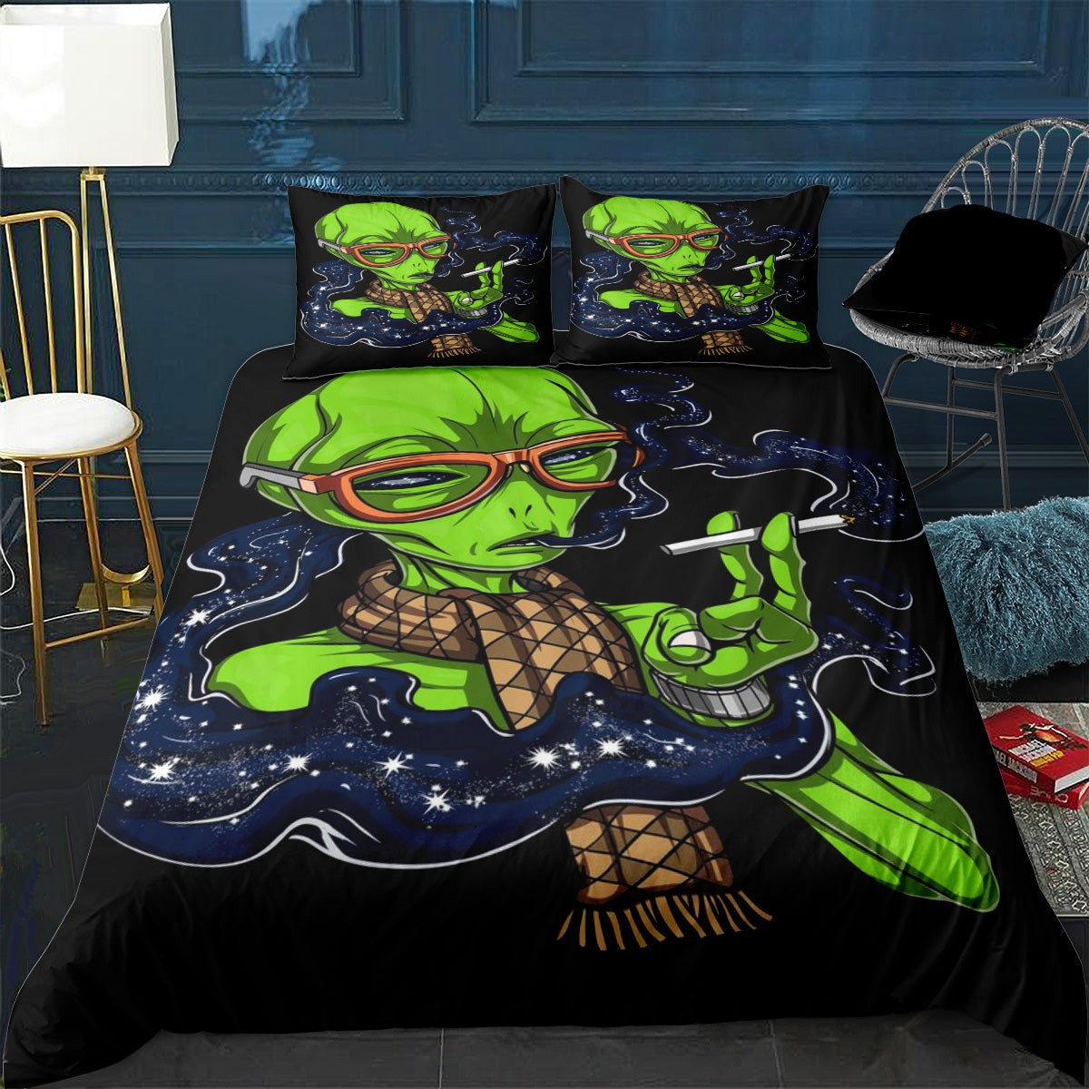 Alien Bedding Set Hipster Alien Psychedelic Graphic Duvet Covers Black Green Unique Gift
