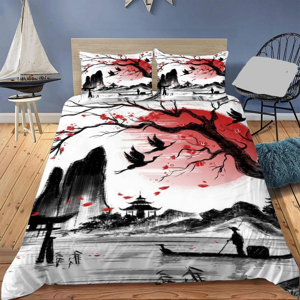 Japan Bedding Set Japanese Scenery Sumi-e Art Style Duvet Covers Black Red Unique Gift