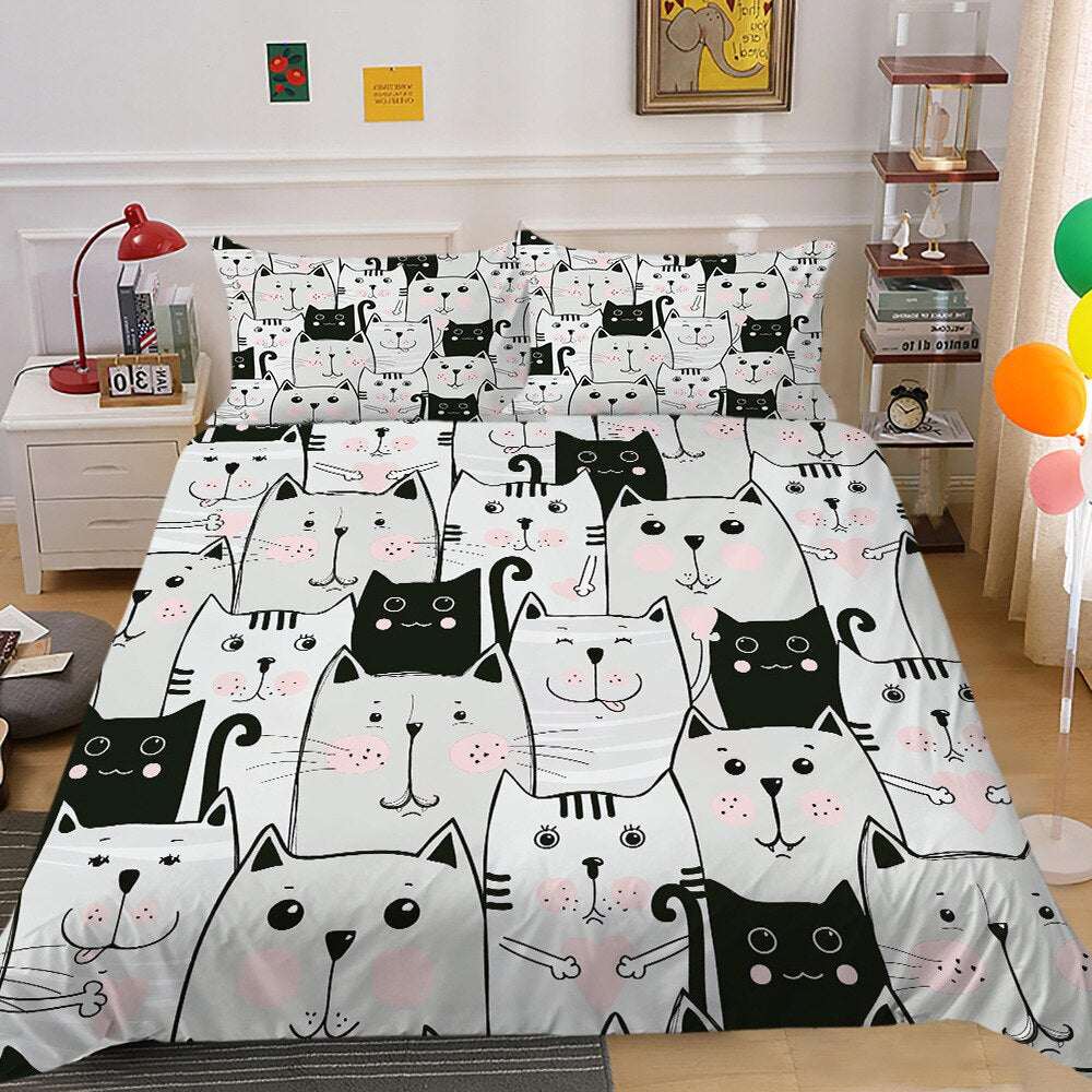 Cat Bedding Set Cute Cat Face Emotions Pattern Duvet Covers Black White Unique Gift