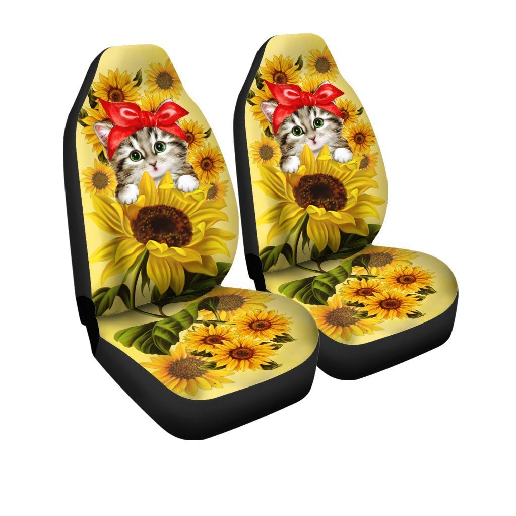 Cat Car Seat Covers Cute Kitten With Sunflower Graphic Seat Covers Yellow