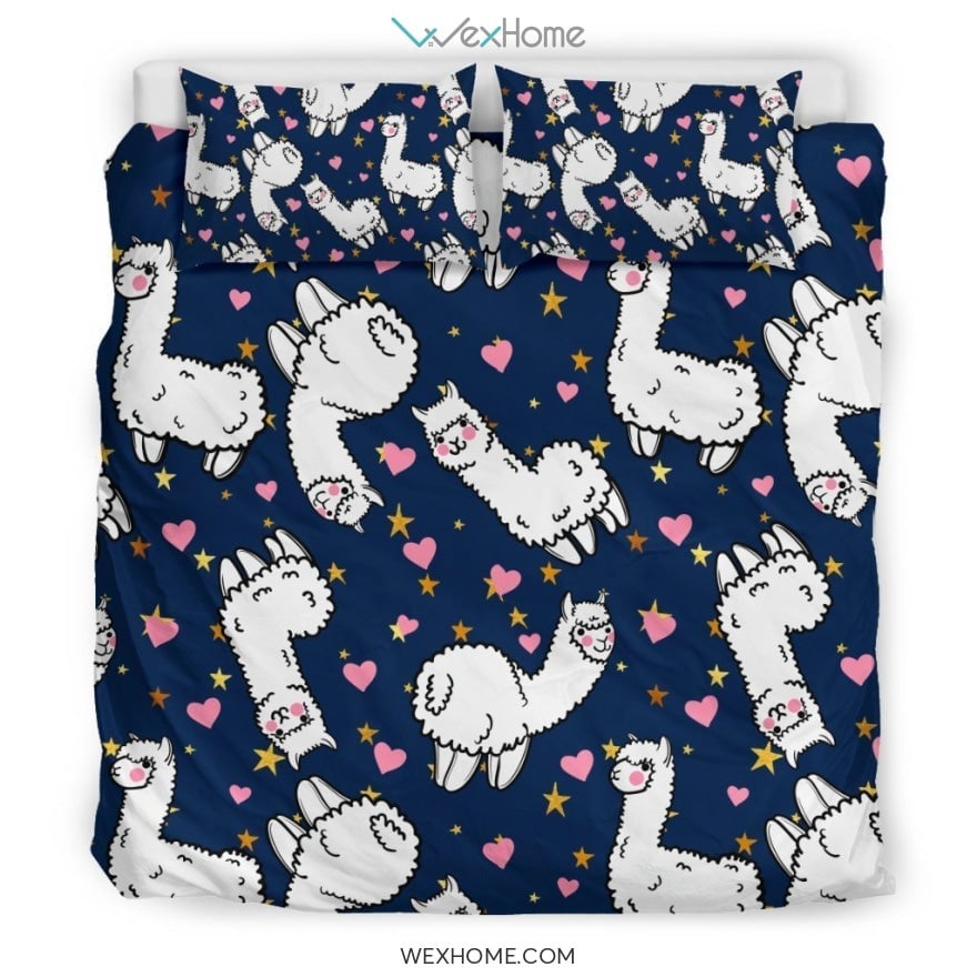 Llama Bedding Set Cute Llama Heart Shape Pattern Duvet Covers Blue White Unique Gift