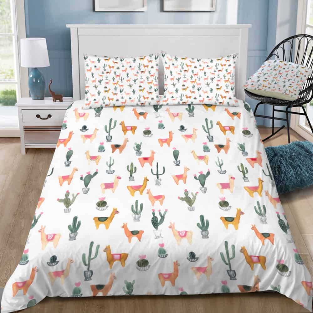 Llama Bedding Set Llama And Cactus Plants Pattern Duvet Covers White Unique Gift