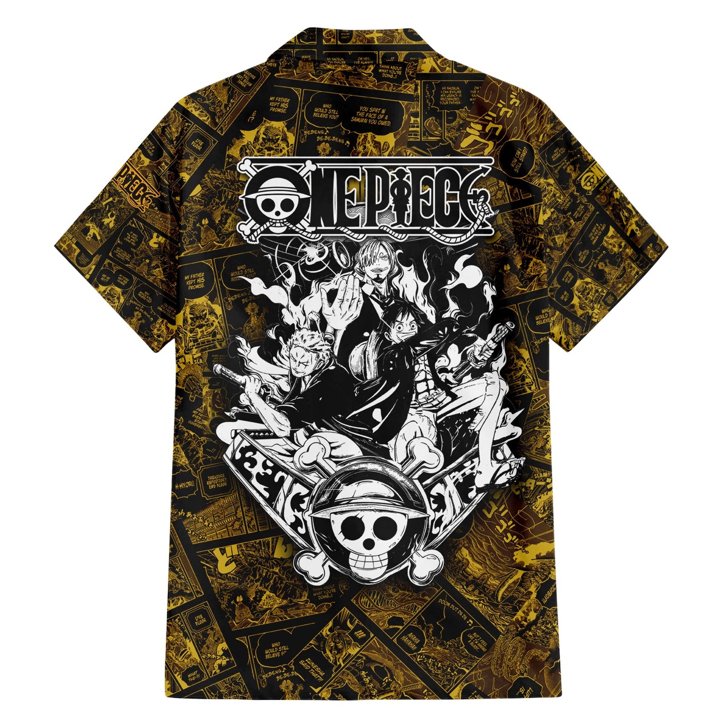 One Piece Hawaii Shirt Luffy Zoro Sanji One Piece Manga Pattern Hawaiian Shirt Black Yellow Unisex