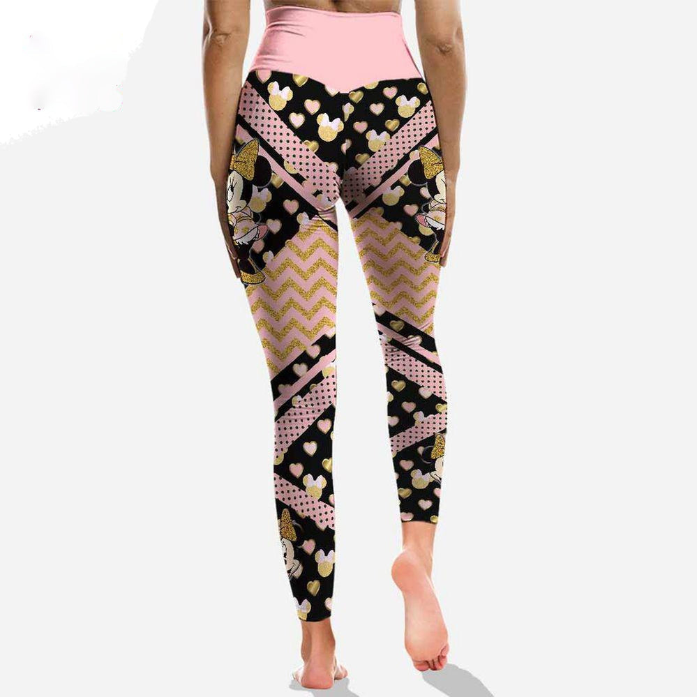 Minnie Leggings DN Minnie Mouse Head Pattern High Waisted Legging Black Pink For Women