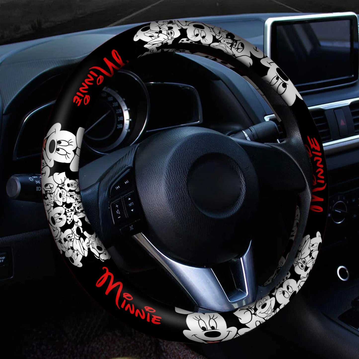 Minnie Steering Wheel Cover Minnie Faces Emotions Pattern Driving Wheel Cover Black White