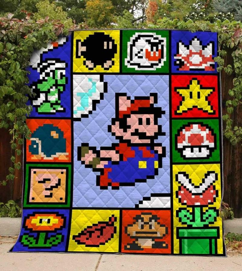 Mario Quilt Racoon Mario Game Items Pixels Pattern Quilt Colorful