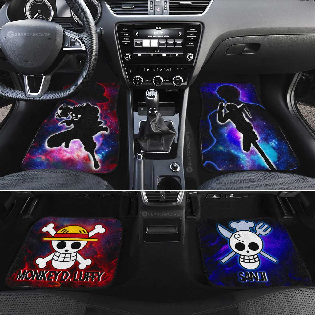 One Piece Car Mats Luffy And Sanji Silhouette Jolly Roger Symbols Galaxy Car Floor Mats Red Blue