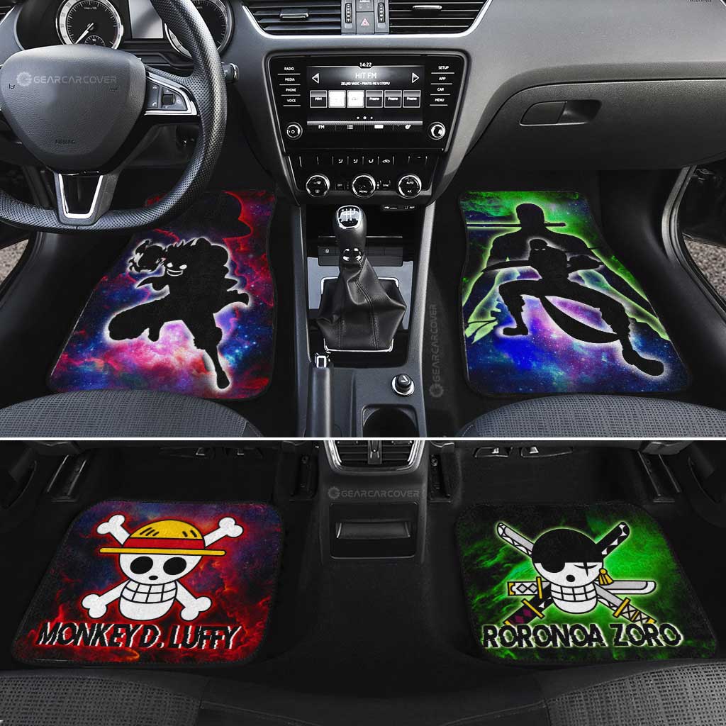 One Piece Car Mats Luffy And Zoro Silhouette Jolly Roger Symbols Galaxy Car Floor Mats Red Green