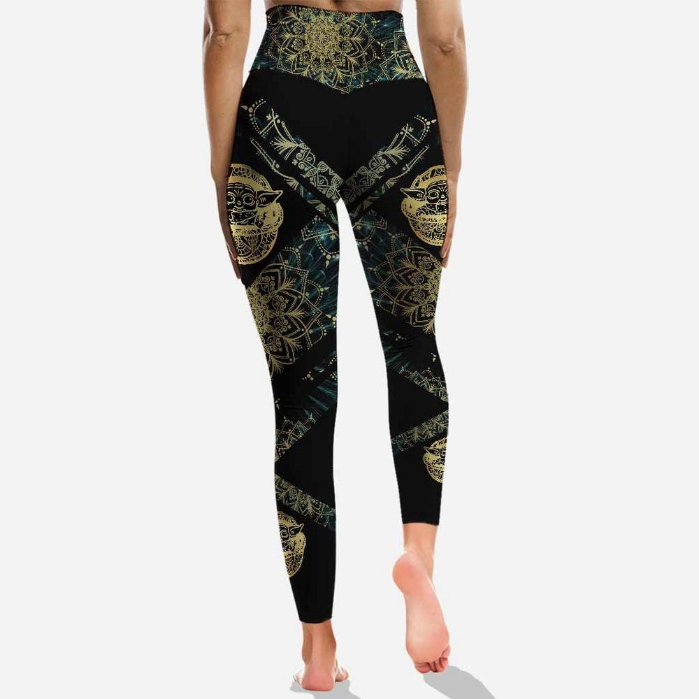 SW Leggings Baby Yoda Mandala Pattern High Waisted Legging Black Yellow For Women