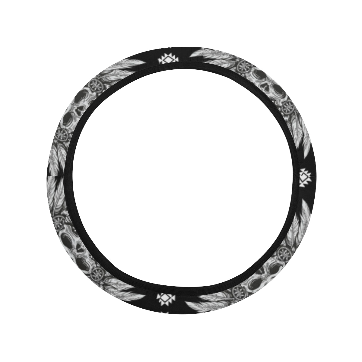 Native America Steering Wheel Cover Native American Skull With Feathers Driving Wheel Cover Black White
