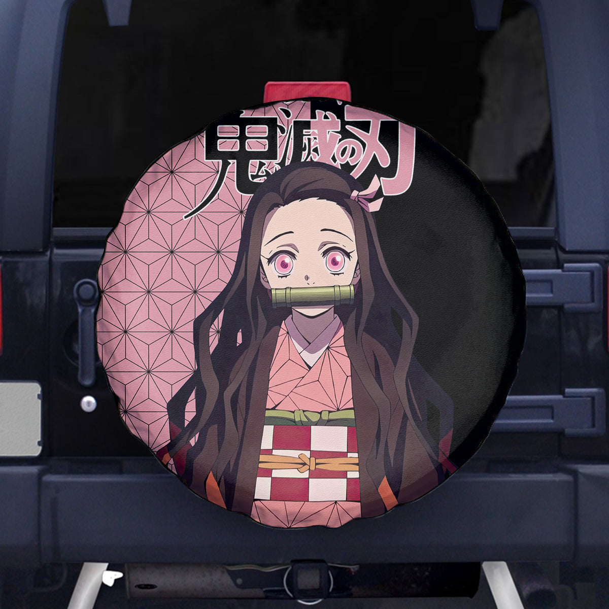 Demon Slayer Spare Tire Cover Nezuko Kamado Graphic Kimono Pattern Tire Covers Black Pink