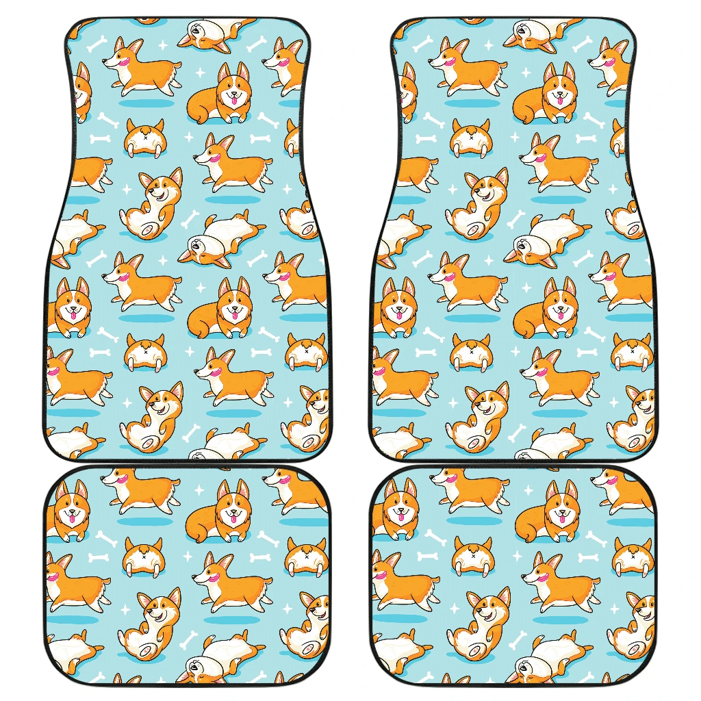Dog Car Floor Mats Funny Puppy Corgi Happy Poses Pattern With Bones Pattern Car Mats