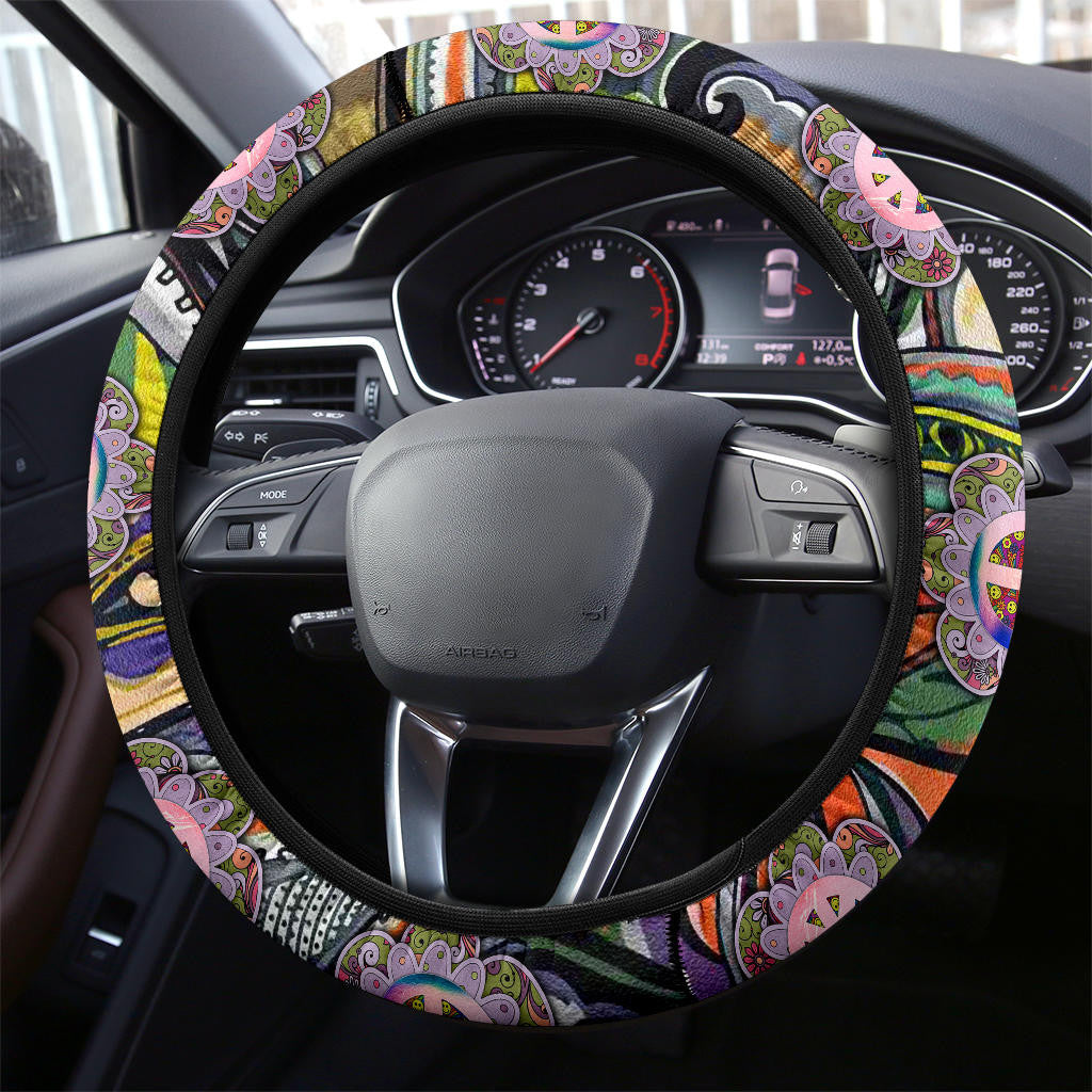 Hippie Steering Wheel Cover Hippie Peace Symbol Flower Art Driving Wheel Cover Colorful