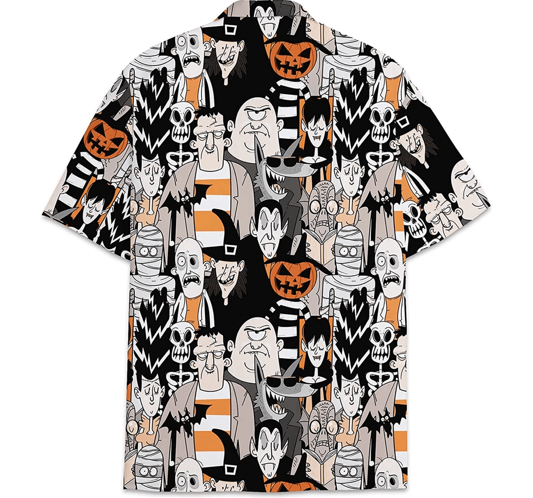 Halloween Hawaii Shirt All Type Of Monsters Doodle Pattern Hawaiian Shirt Black White Unisex