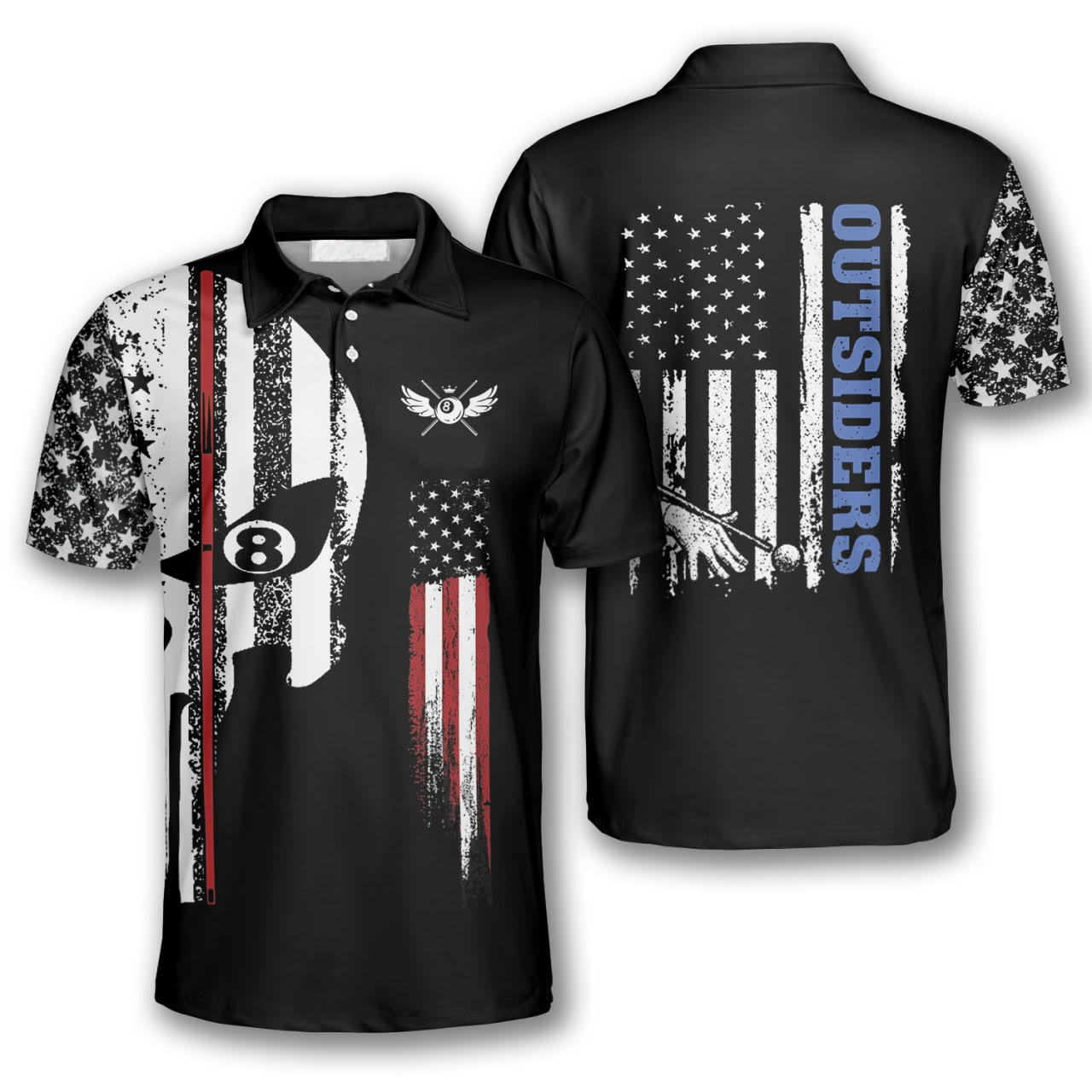 Billard Polo Shirt Outsider Skull American Flag Billiard Boys Polo Shirts Black