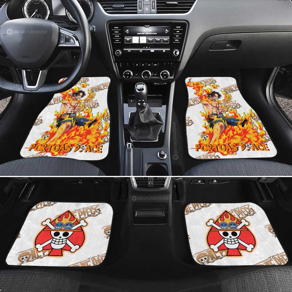 One Piece Car Mat Portgas D Ace Flaming Graphic Jolly Roger Symbol Car Floor Mats White Orange