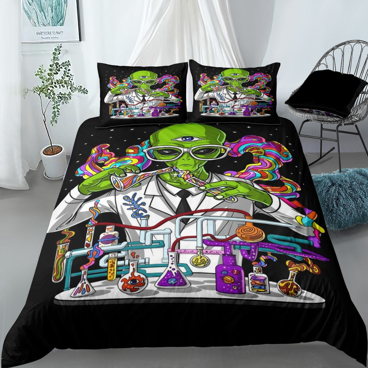 Alien Bedding Set Scientist Alien Makes Experiment Duvet Covers Colorful Unique Gift
