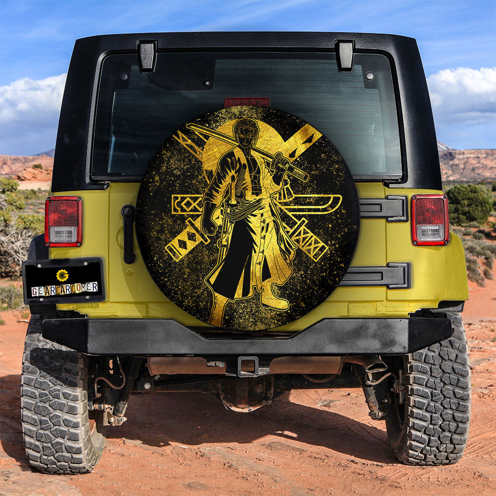 One Piece Spare Tire Cover One Piece Character Roronoa Zoro Silhouette Tire Covers Black Yellow