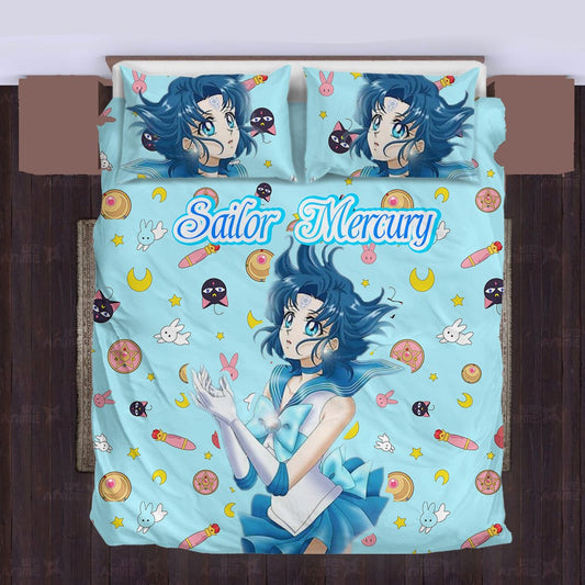 Sailor Moon Bedding Set Sailor Mercury Cute Items Pattern Duvet Covers Blue Unique Gift