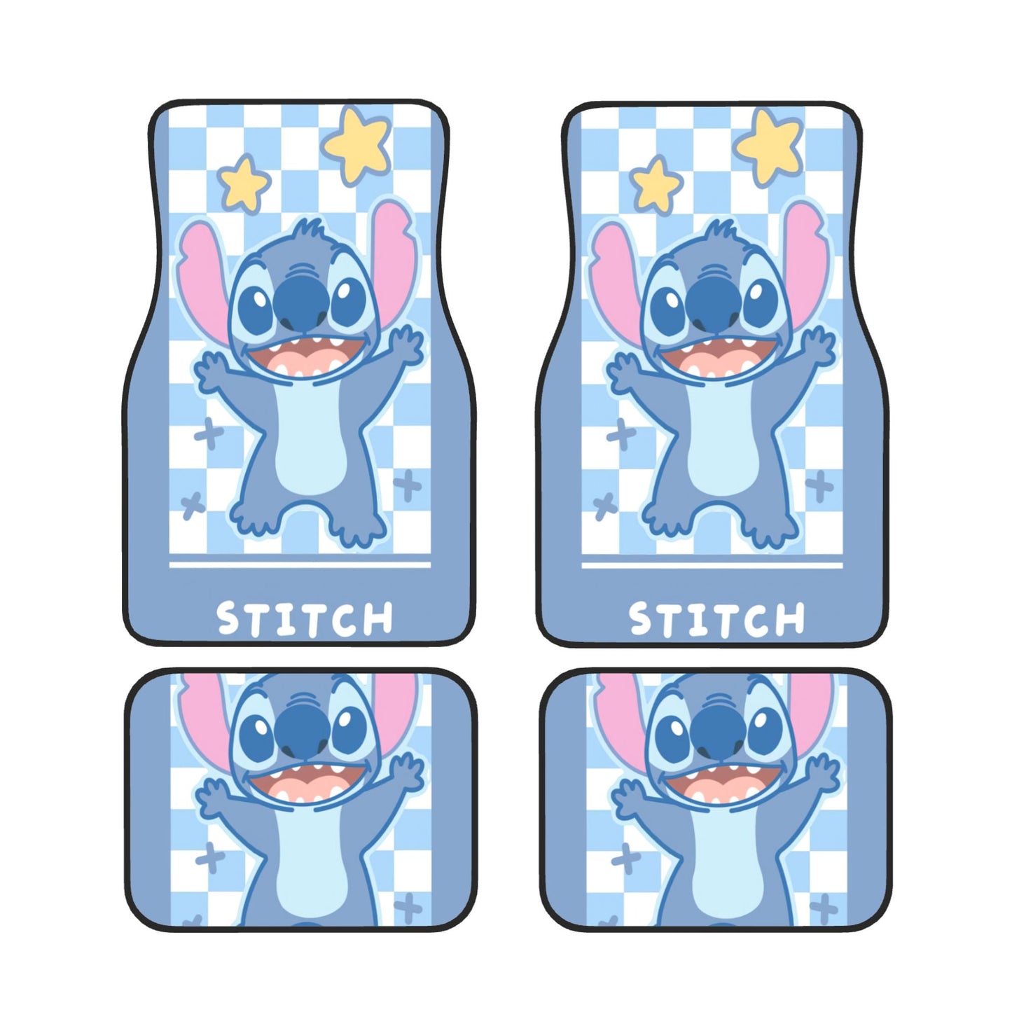 Stitch Car Mats Cute Stitch Happy Checkered Star Pattern Car Floor Mats White Blue