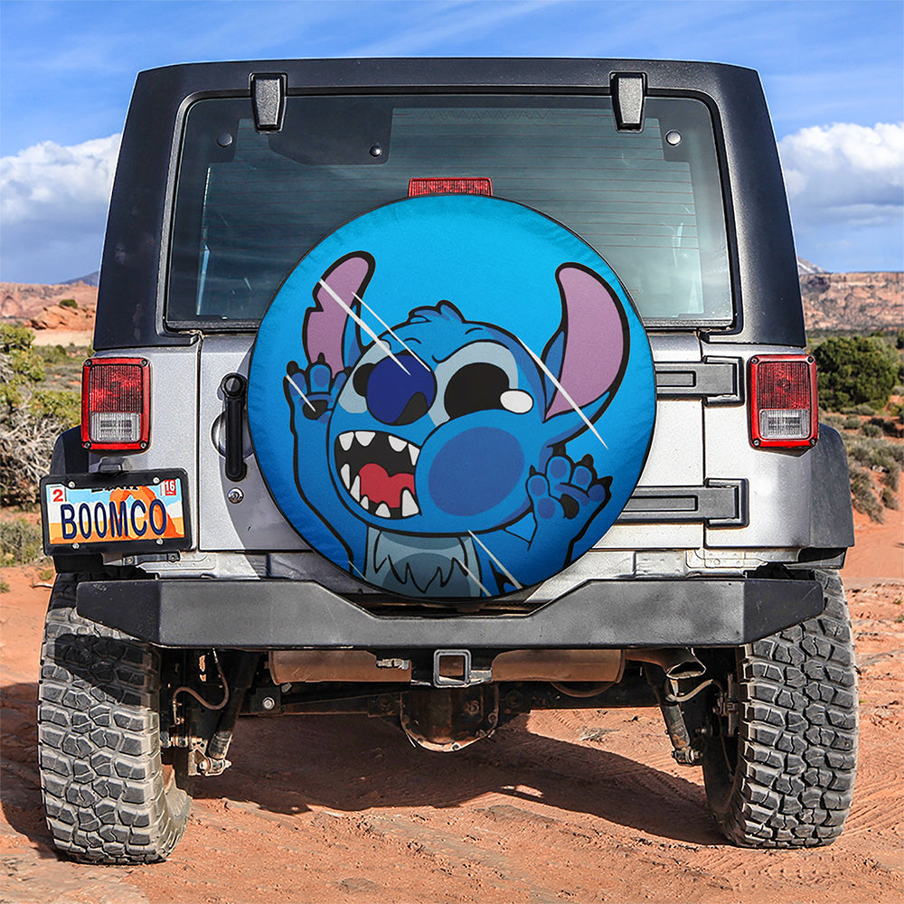 Stitch Spare Tire Cover DN Funny Stitch Face Hitting Glass Tire Covers Blue