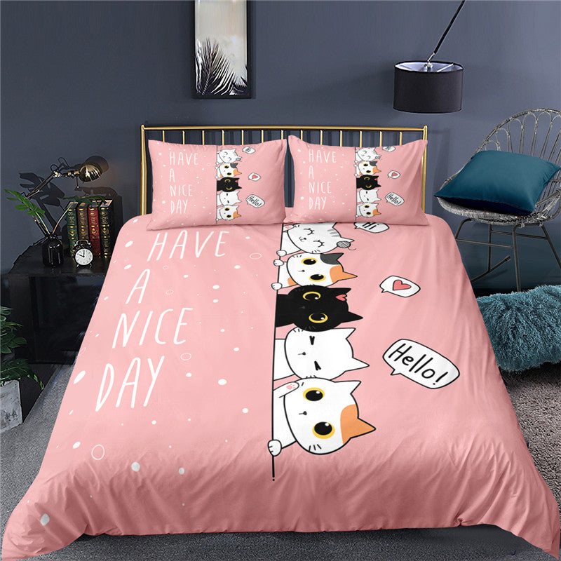 Cat Bedding Set Cartoon Cat Have A Nice Day Duvet Covers Pink Unique Gift