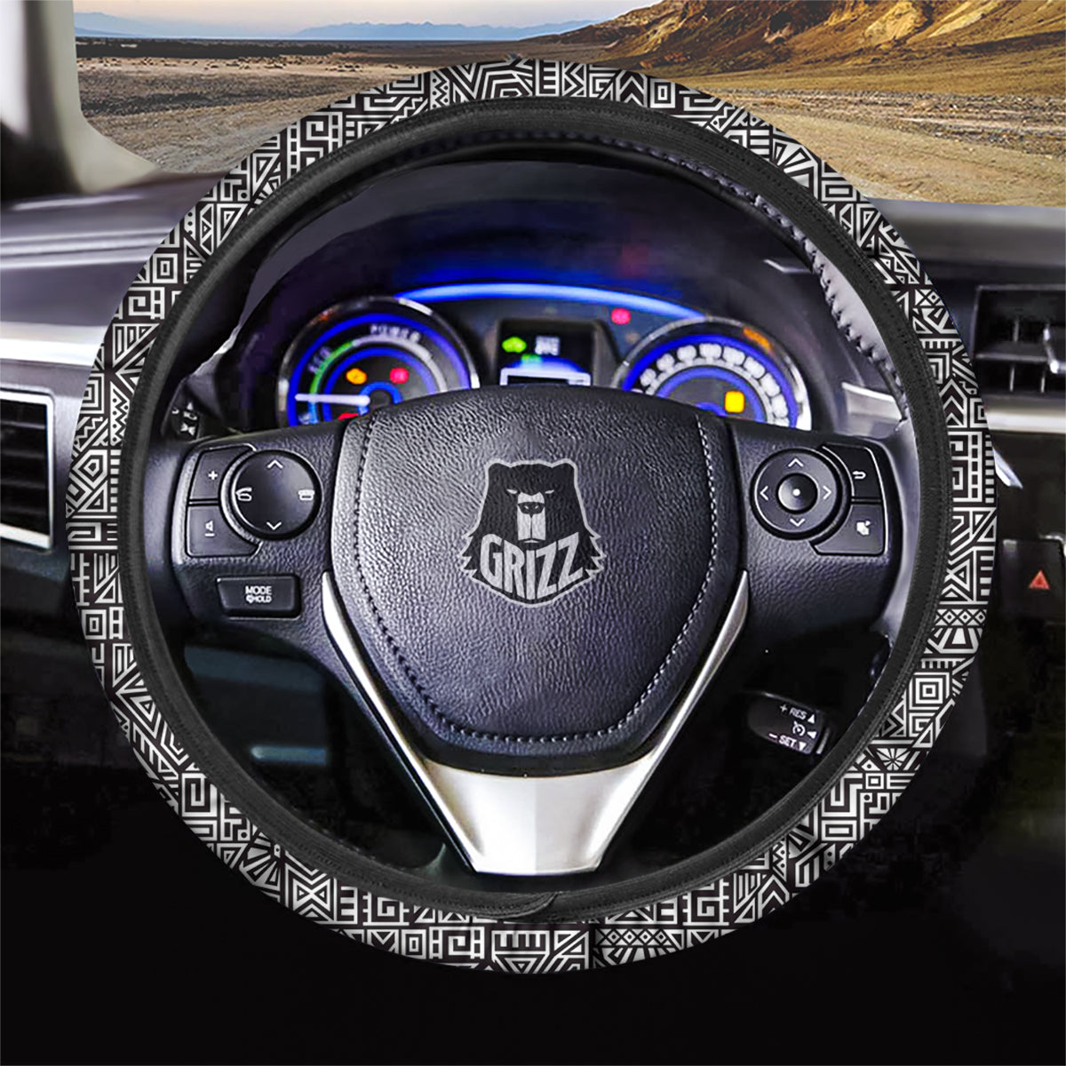 Native American Steering Wheel Cover Tribal Ancient Aztec Pattern Driving Wheel Cover Black White