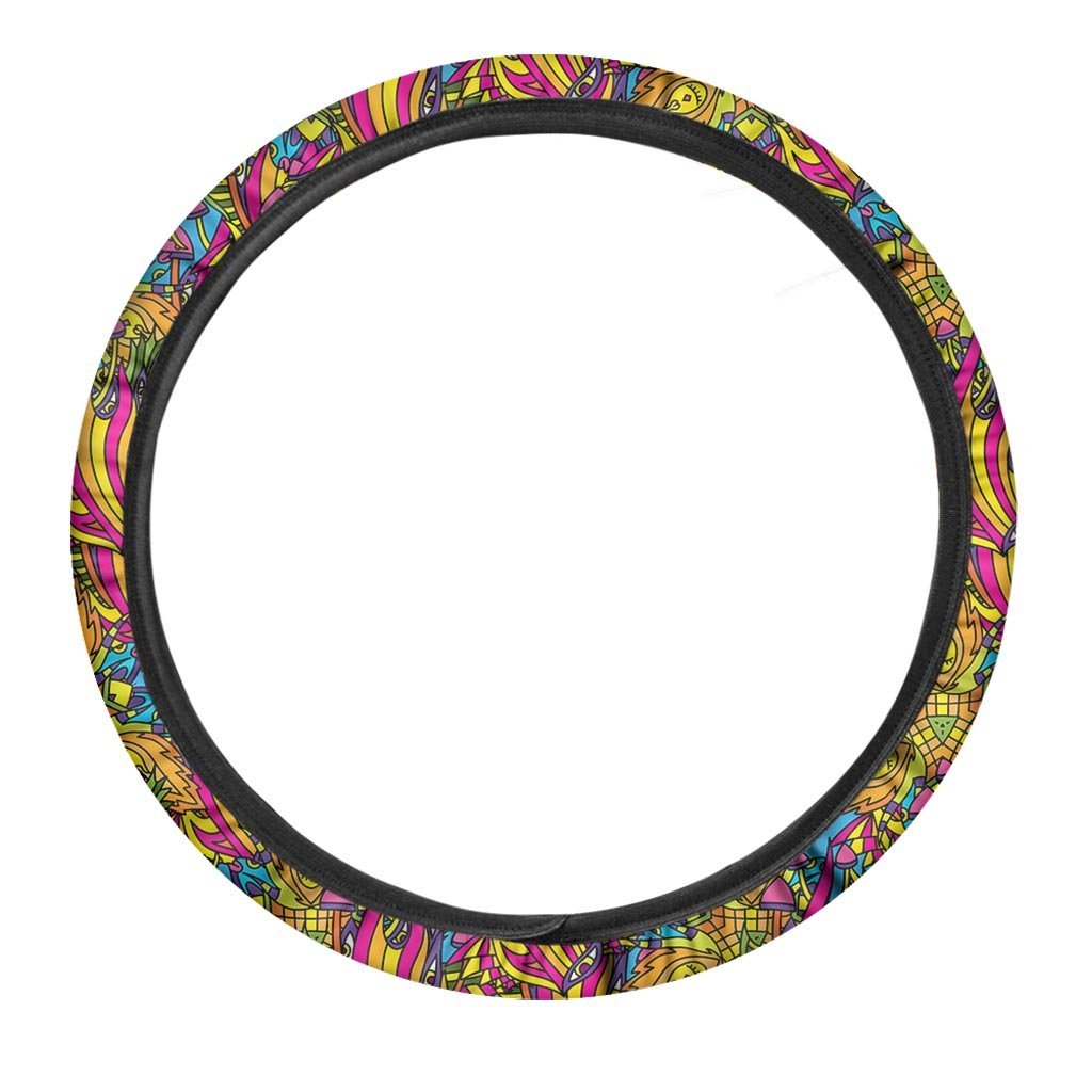 Hippie Steering Wheel Cover Hippie Flame Psychedelic Doodle Art Driving Wheel Cover Colorful
