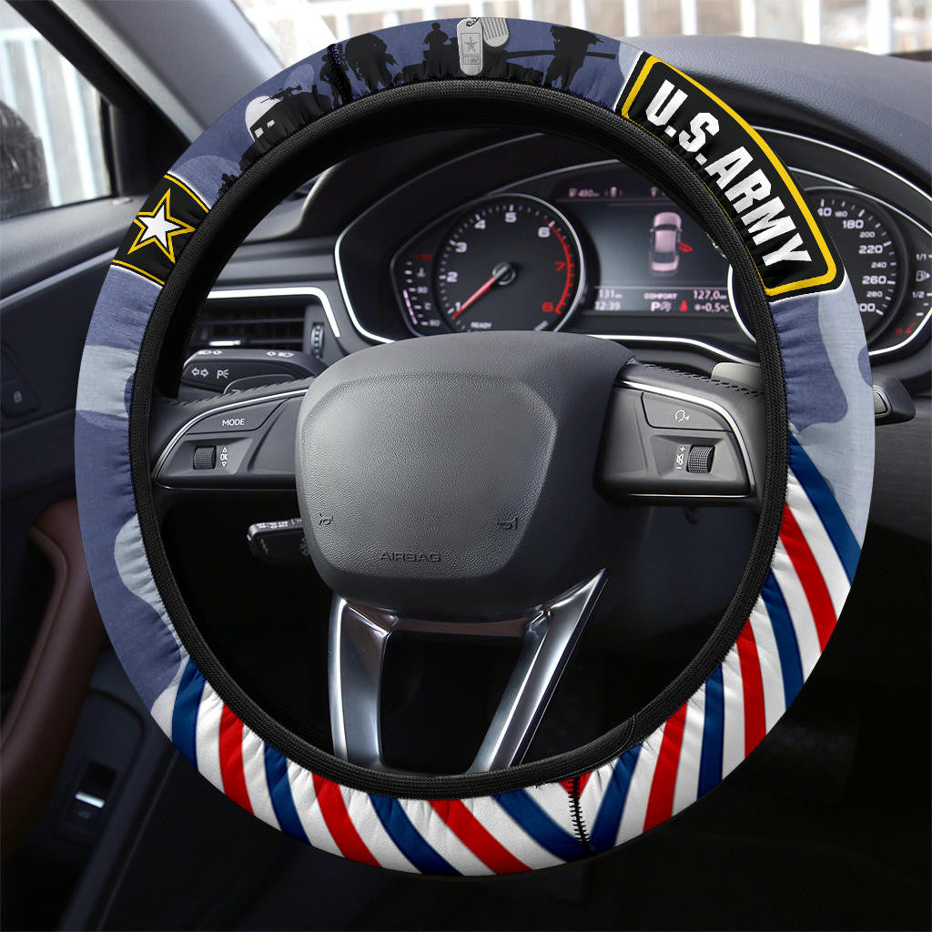 Veteran Steering Wheel Cover US Army Silhouette Star Tags Driving Wheel Cover Blue