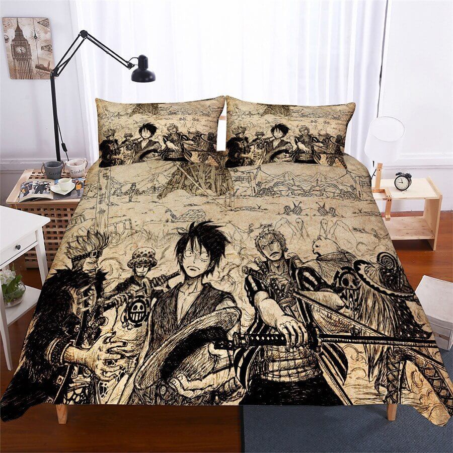 One Piece Bedding Set Vintage One Piece Luffy Zoro Trafalgar Law Duvet Covers Black Brown Unique Gift