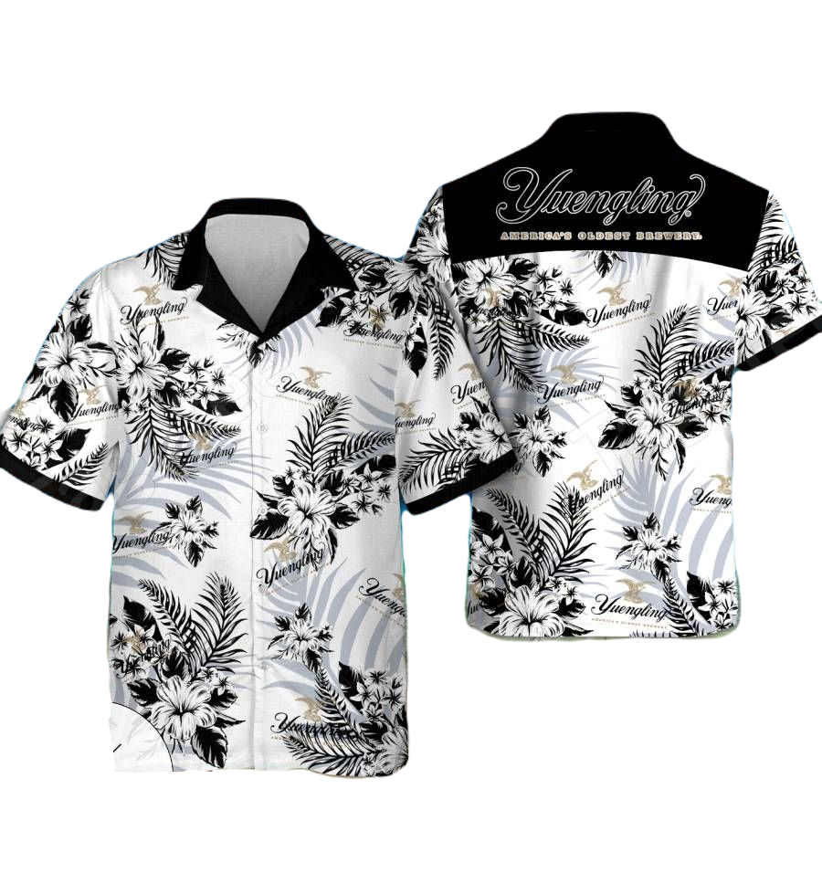 Yuengling Hawaii Shirt Yuengling Symbol Hibiscus Flower Pattern Hawaiian Shirt Black White Unisex