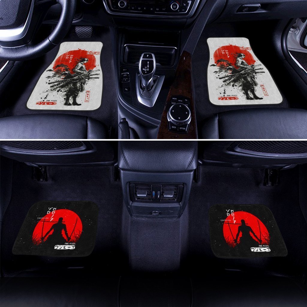One Piece Car Mats Zoro Silhouette Japanese Words Pattern Car Floor Mats Red Black