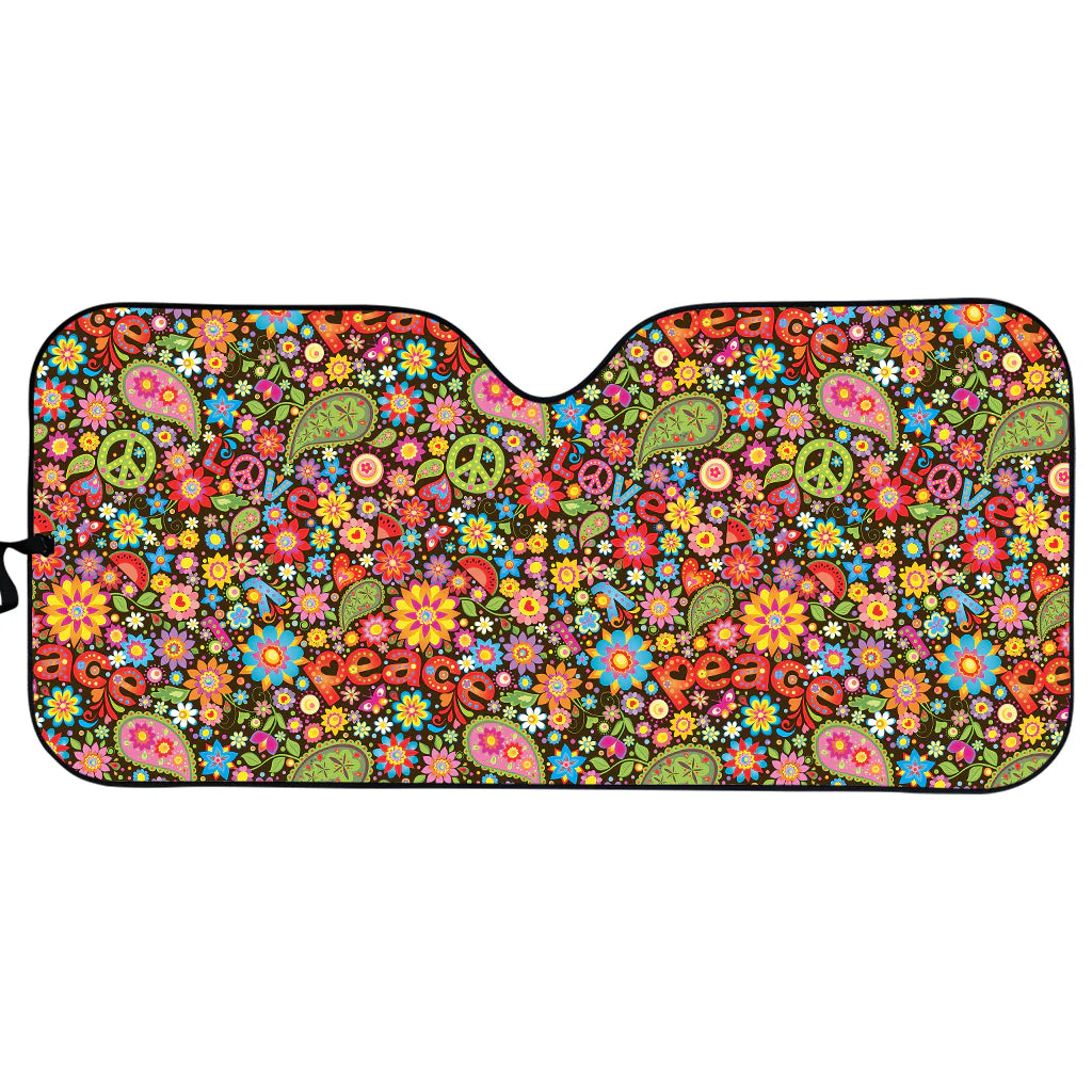 Hippie Car Sun Shade Hippie Peace Sign Flower Doodle Pattern Winshield Sun Shade Colorful