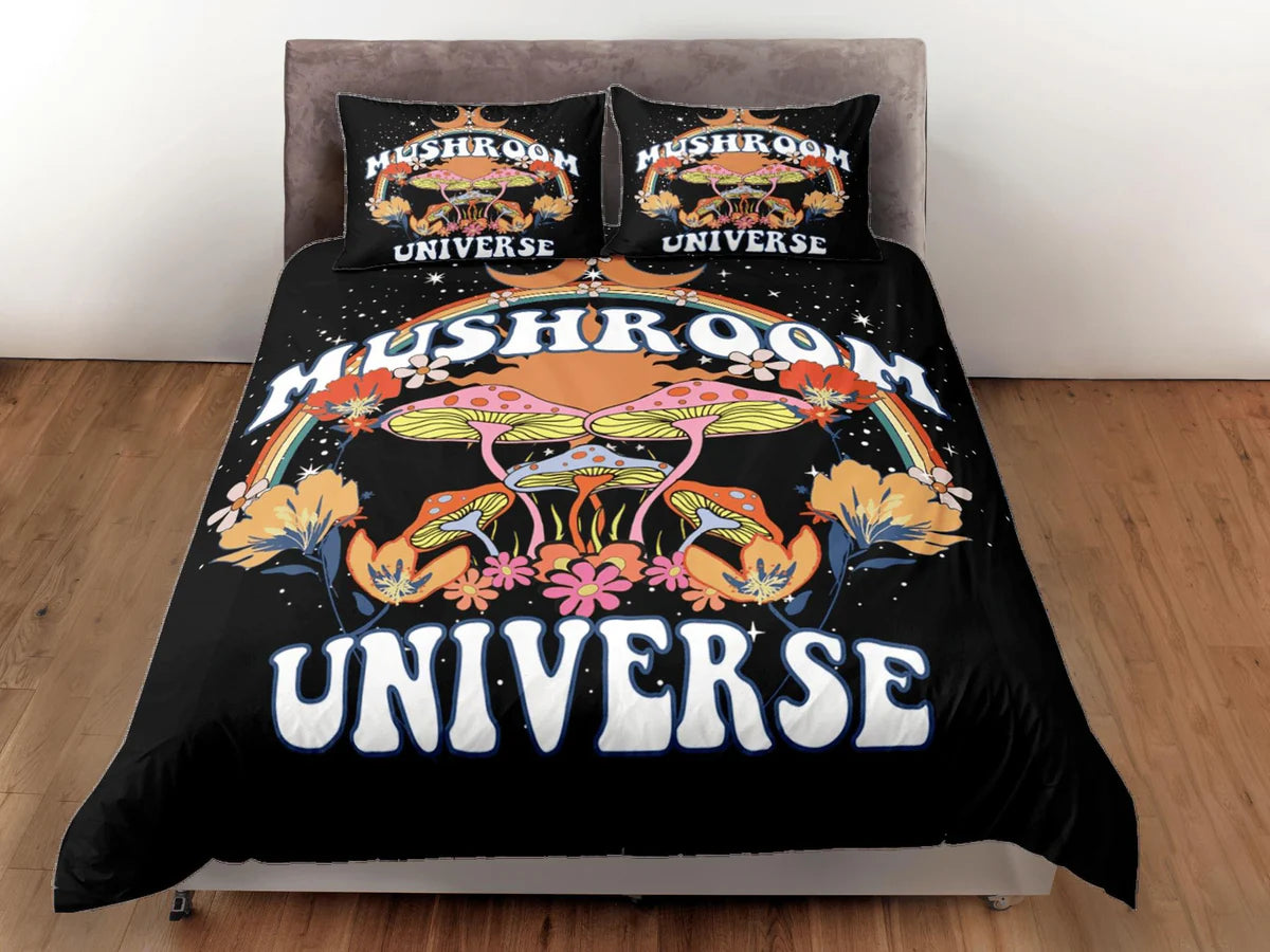 Mushroom Bedding Set Mushroom Universe Hippie Style Duvet Covers Black Pink Unique Gift