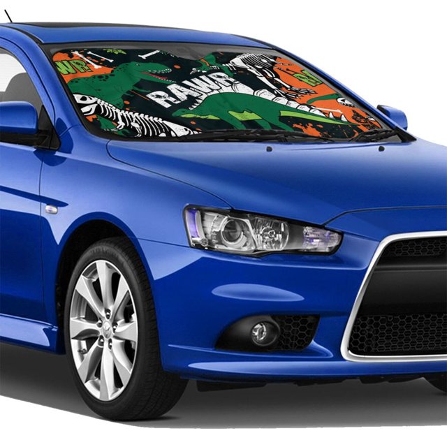 Dinosaur Car Sun Shade Dinosaur Skeleton Rawr Pattern Winshield Sun Shade Black Green