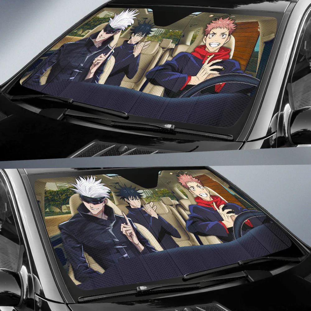 Jujutsu Kaisen Car Sun Shade Megumi And Yuji Gojo Driving Winshield Sun Shade Black White