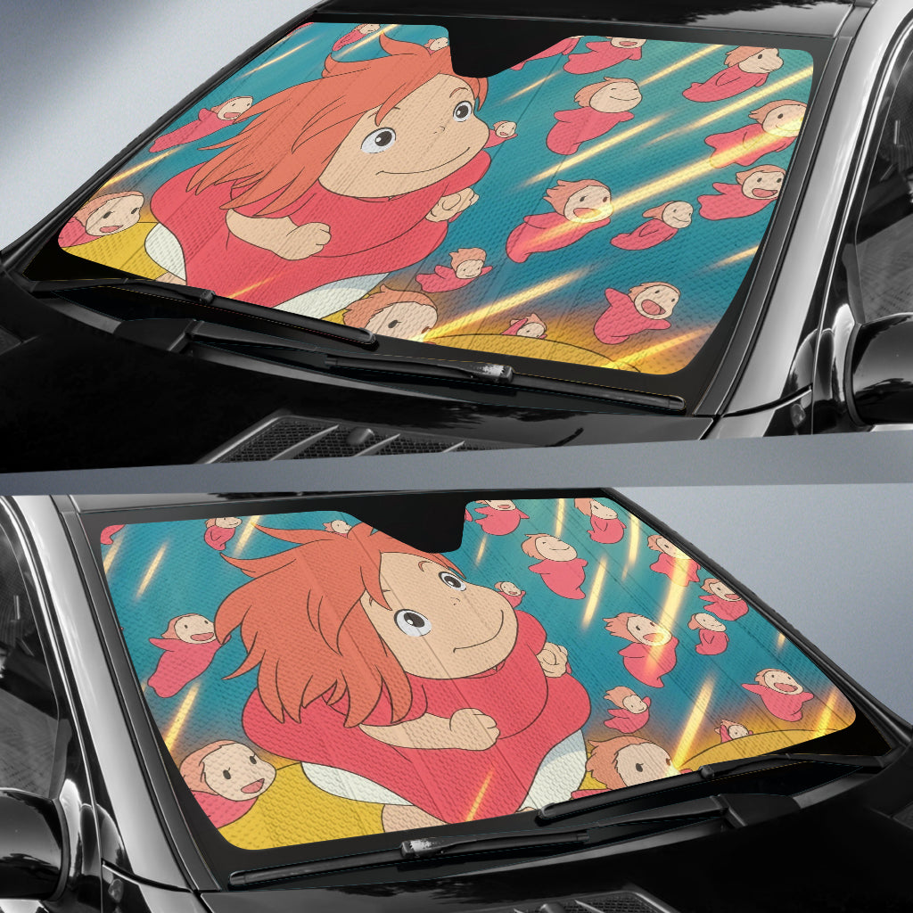 SGhibli Car Sun Shade Ponyo Princess Graphic Pattern Winshield Sun Shade Pink Blue