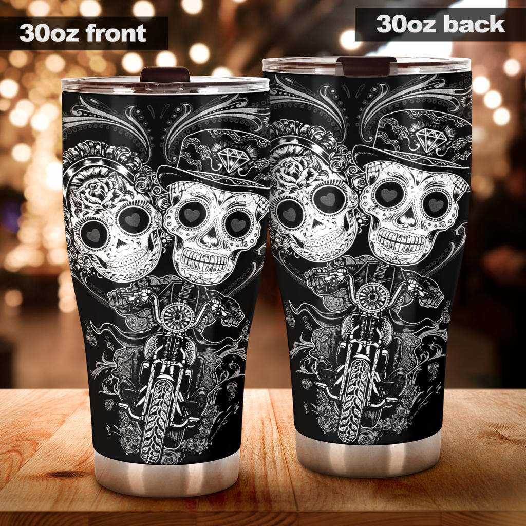 Skull Tumbler Sugar Skull Couple On Bike Tumbler Cup Black White