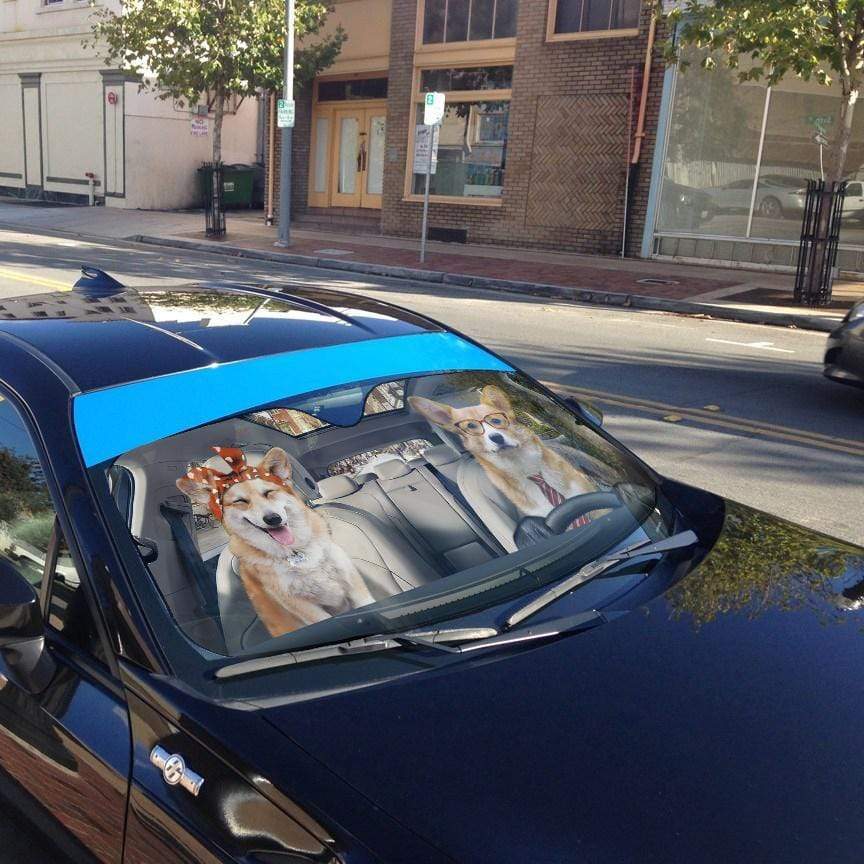 Gearhumans 3D Adorable Couple Corgi Dogs In Car Custom Car Auto Sunshade