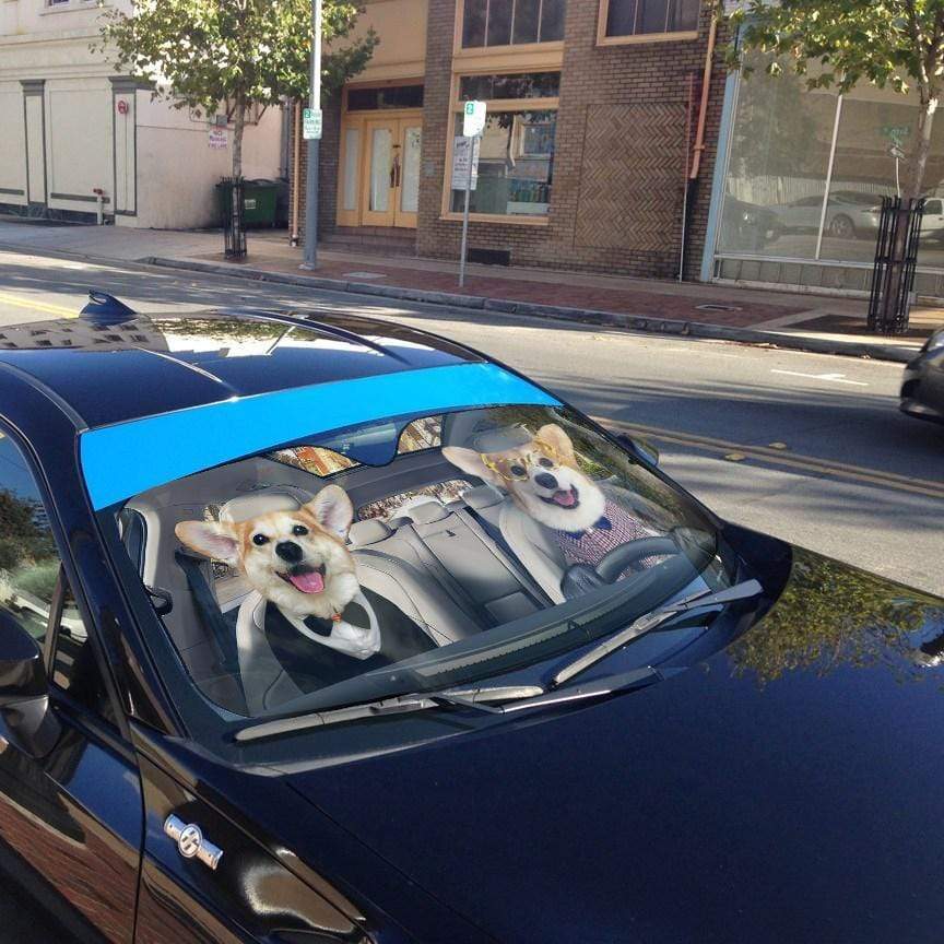 Gearhumans 3D Friend Couple Corgi Dogs In Car Custom Car Auto Sunshade
