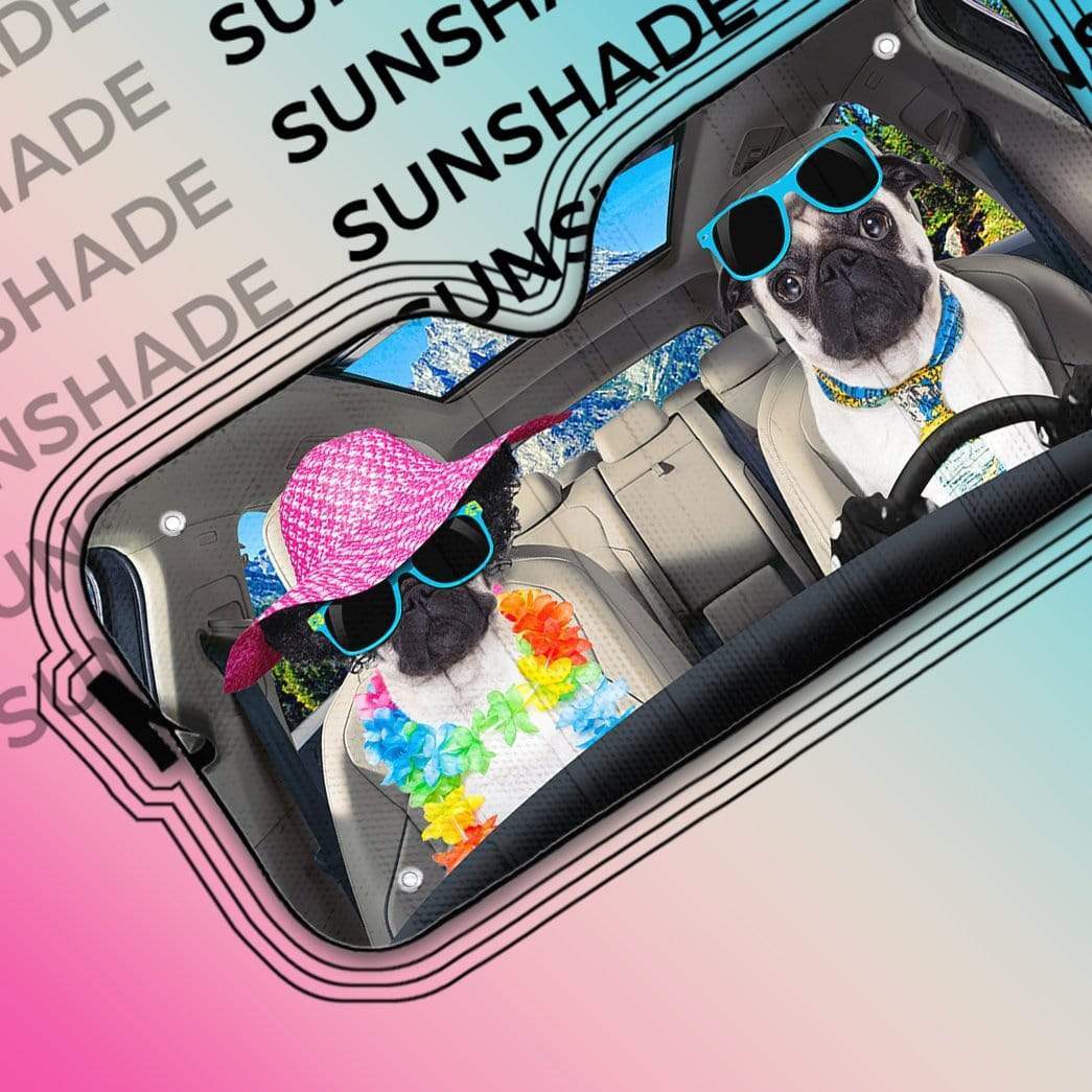 Gearhumans 3D Two Pug Dogs Go To The Beach Custom Car Auto Sunshade