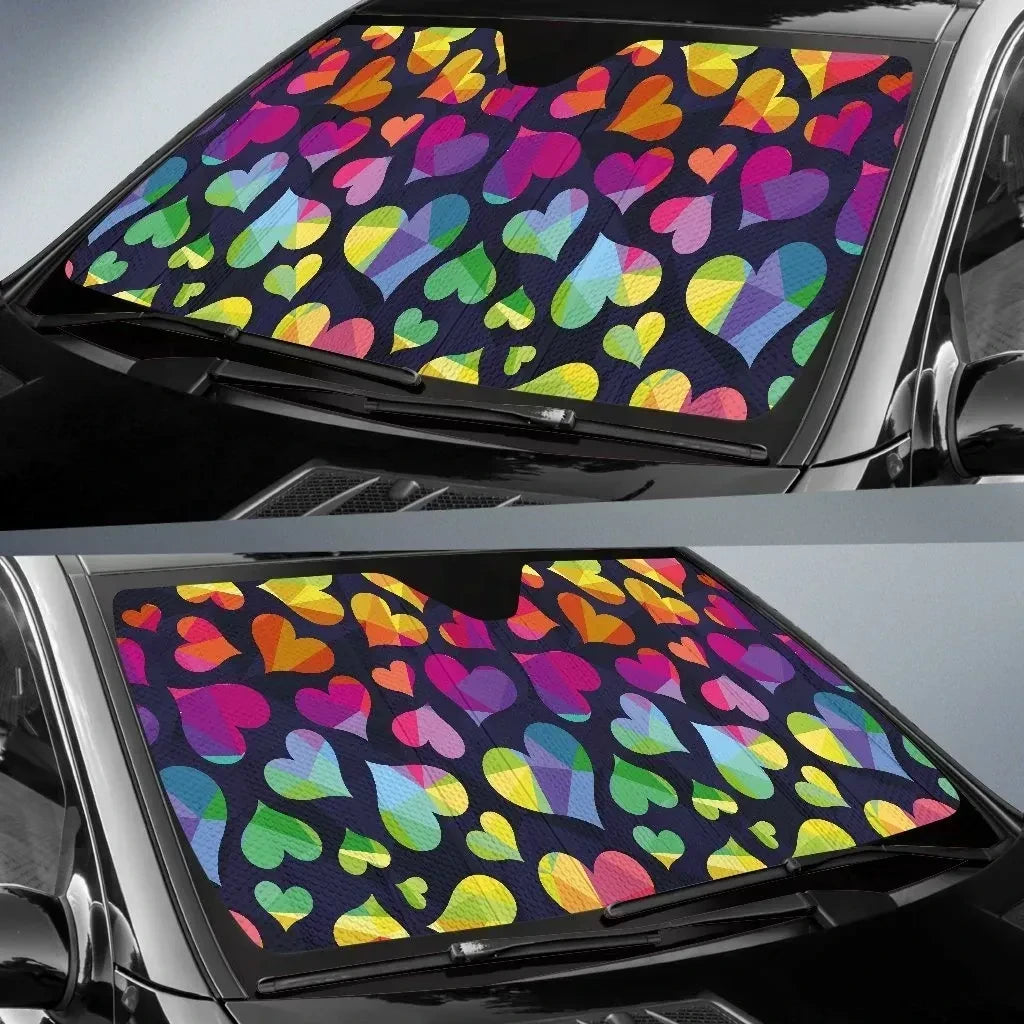 LGBT Car Sun Shade LGBT Rainbow Heart Shape Pattern Winshield Sun Shade Colorful