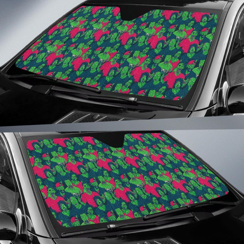 Zombie Car Sun Shade Scary Crowded Zombie Doodle Pattern Winshield Sun Shade Green